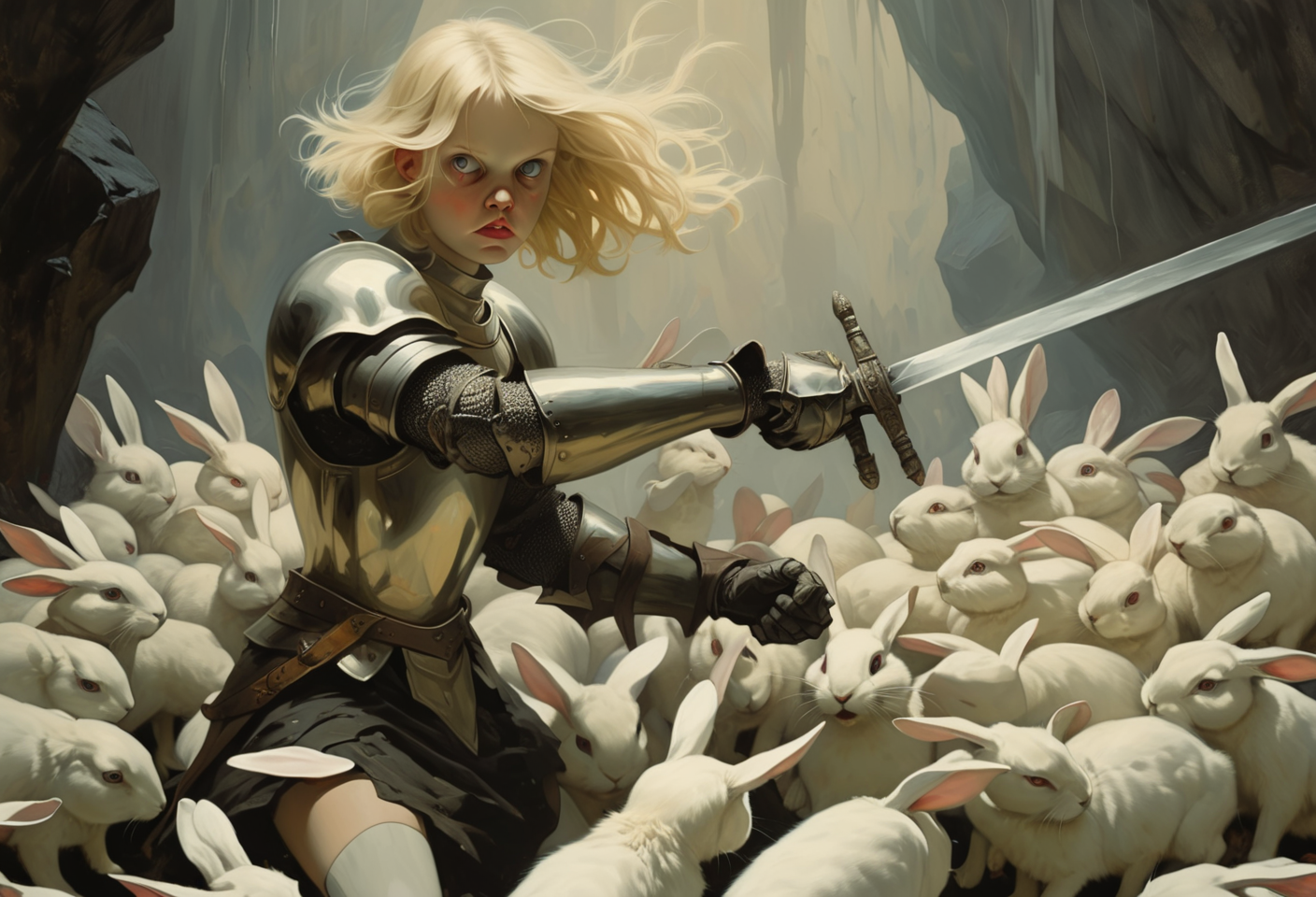 00012-3416194397-Art by Brad Kunkle. Closeup of a playful and chaotic scene of a blonde knight fighting white rabbit. _BREAK_The blonde knight, a.png